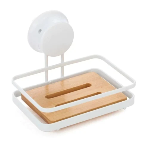 JABONERA SIMPLE BAMBOO BLANCO CON VENTOSA 13,5x11,5x11cm