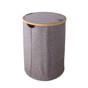 CESTO PARA ROPA BAMBOO Y TELA GRIS C/TAPA