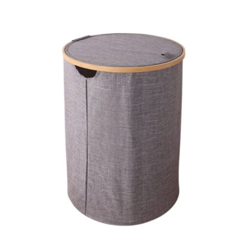 CESTO PARA ROPA BAMBOO Y TELA GRIS C/TAPA