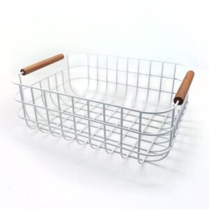 CANASTO RECTANGULAR METAL BCO C/MANGO MADERA 33,5x14x12,5cm