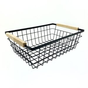 CANASTO RECTANGULAR METAL NGRO C/MANGO MADERA 39,3x26x12,5cm