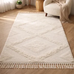 ALFOMBRA BLANCA ROMBO GRANDE Y RAYAS C/FLECOS 100x150cm