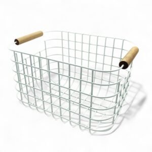 CANASTO RECTANGULAR METAL BCO C/MANGO MADERA 27x17,5x17cm
