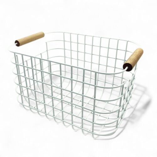 CANASTO RECTANGULAR METAL BCO C/MANGO MADERA 27x17,5x17cm