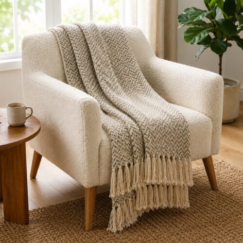 MANTA DISEÑO BEIGE Y NATURAL C/FLECOS 125x150cm