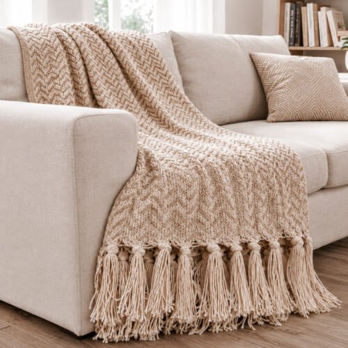MANTA DISEÑO BEIGE C/FLECOS 125x150cm